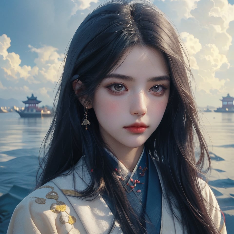 RWA photo, best quality, masterpiece, 8K resolution, beauiful girl, (exquisite facial features: 1.3), wearing white ancient Chinese hanfu, ready for battle, (black long straight hair flowing down), (yellow eyes), close up portrait, looking away, surreal style, illustration, perfect figure, cinematic texture, soft colors, exquisite details and textures, divine presence, vivid color reflections