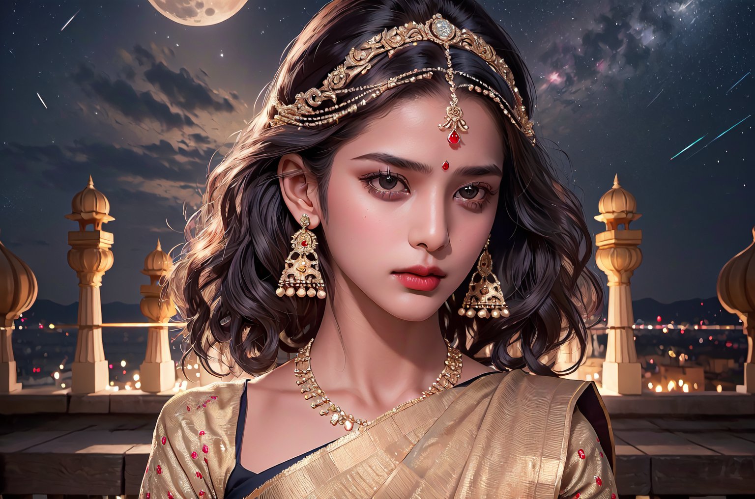 RWA photo, best quality, masterpiece, 8K resolution, ((solo:1.3)), ((1girl)), Indian beautiful teen girl, exquisite facial features, wearing luxurious saree, adorned with elaborate golden earrings and headpiece, ((black short hair)), ((wavy hair)), ((dark skin)), black eyes, serious expression, close up portrait, perfect figure, cinematic lighting, in starlit night with big moon