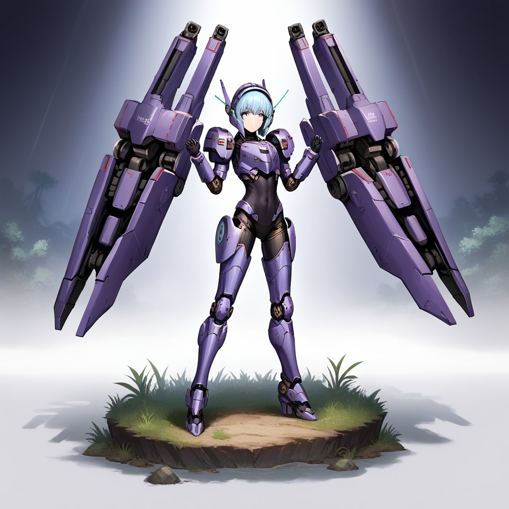 Realistic mecha girl, entire body, skinny with a flat stomach, small stature, posing sexily on her knees, one hand touching her head, pulling her ribs forward. Wearing a black leotard, underwear, full body bodysuit, purple and light blue armor with spikes, square helmet, light blue hair, robot joints and articulations visible. Holding chainsaws in both hands, leather armor, chainmail, metal skin. Background: sakura forest. Science fiction, TR mecha style, mechanical, metal, Gothic. High-quality image, detailed composition, dynamic lighting.