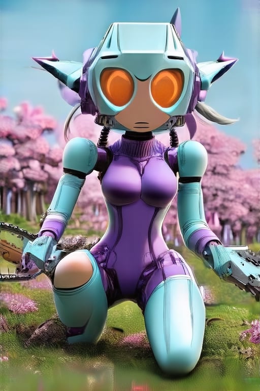 mecha girl, chainsaw both hands,purple & light blue armor, square helmet in her head, sakura forest in the background, spikes, light blue hair, sexaroid_of_mechagirl, posing sexy on knees, one hand touching her head, realistic, entire body image, swimsuit, robot joints, pulling her ribs forward, visible robot articulations,