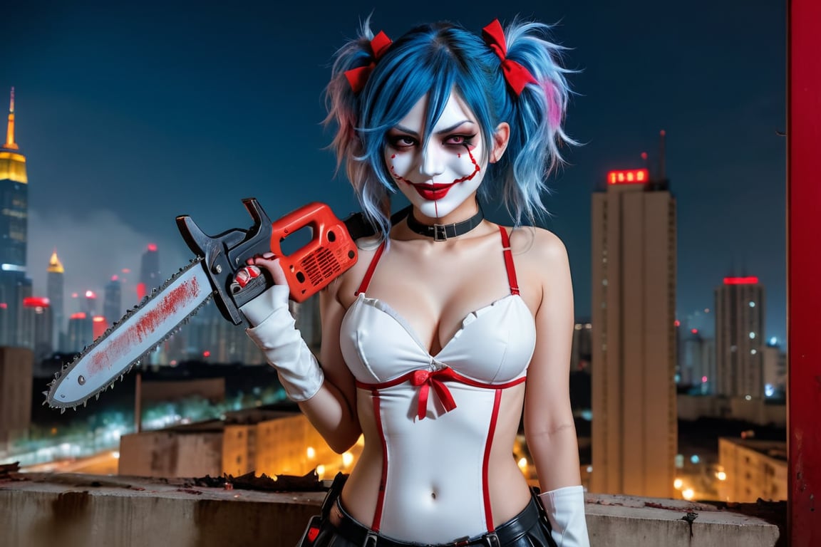 image of entire body of one evil and sexy girl, high quality, very tiny and tall body, flat stomach, wearing a white tight leotard with black miniskirt, sexy and provocative posing, red eyes, in the right hand hold a chainsaw, red bow on the chest, elegant red lines in the shores of the leotard, pink ruffled sleeves, blue hair, a messy and short ponytail behind the head, one eye covered by her hair, the girl wear a white smiling bloodstained mask with red cheeks in his face, a luminous quartz devastated night city in the background, all her body are bloodstained,