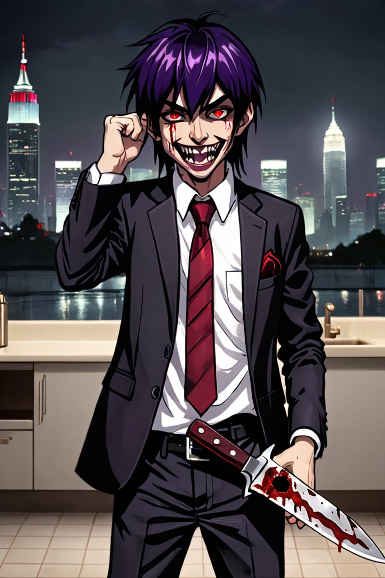 image of entire body of one evil boy, long and straight hair, the boy has a woman face, purple hair with black tips, wearing a black business suit with red tie, black pants, black plate cap in head, straight bangs in all his forehead, evil smile, red eyes, black lips, spikes teeth with open mouth, holding in the right hand a bloodstained kitchen knife, a luminous quartz devastated night city in the background, all her body are bloodstained,