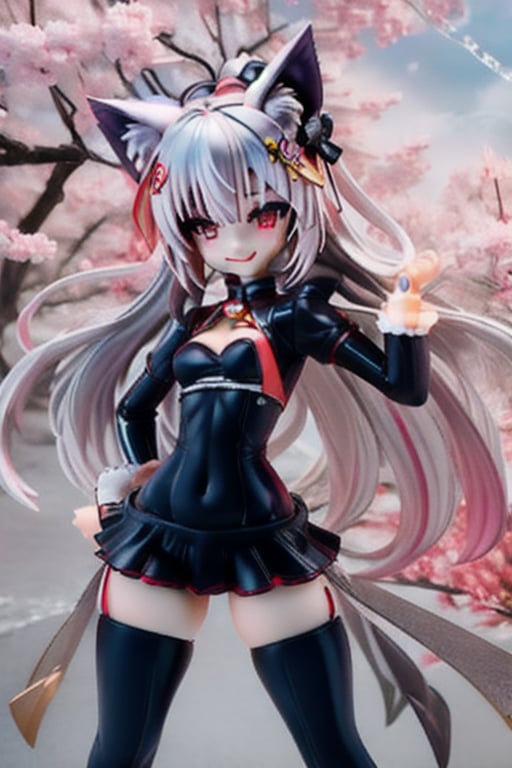 The girl is lying on back, posing sexy in a sakura park, wearing a white latex tight dress with a white miniskirt, red eyes, black eyeliner around the eyes, white long hair, perfect fingers, flat chested, flat stomach, skinny body, posing sexy, small stature, lewd face, white skin, fox ears, smile with slightly blushing, stormy sky in the background with thunders, High resolution, high quality, masterpiece, shiro, long hair, red eyes, animal ears, tail, animal ear fluff, fox ears, fox tail, facial mark, thick eyebrows, fox girl,