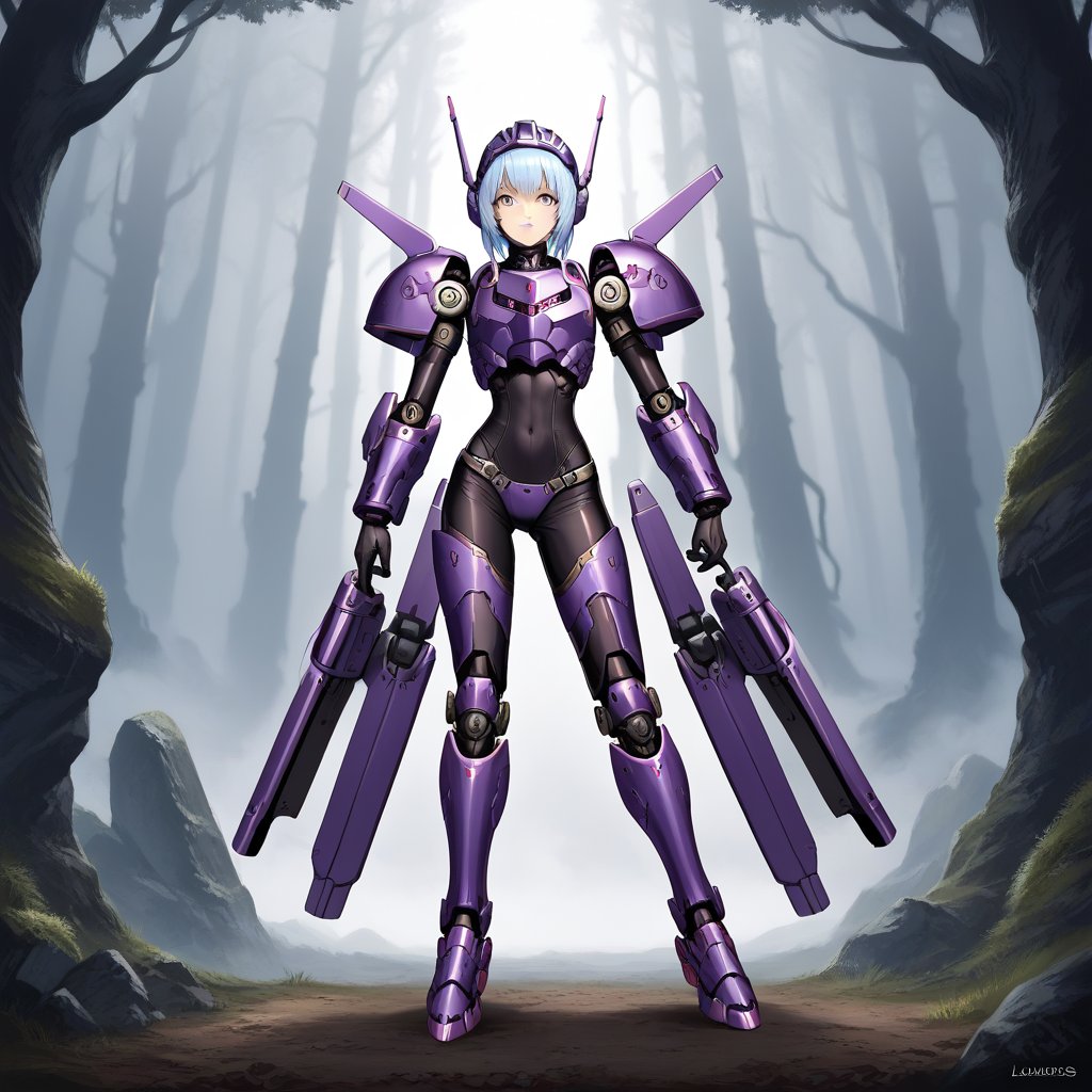 Realistic mecha girl, entire body, skinny with a flat stomach, small stature, posing sexily on her knees, one hand touching her head, pulling her ribs forward. Wearing a black leotard, underwear, full body bodysuit, purple and light blue armor with spikes, square helmet, light blue hair, robot joints and articulations visible. Holding chainsaws in both hands, leather armor, chainmail, metal skin. Background: sakura forest. Science fiction, TR mecha style, mechanical, metal, Gothic. High-quality image, detailed composition, dynamic lighting.