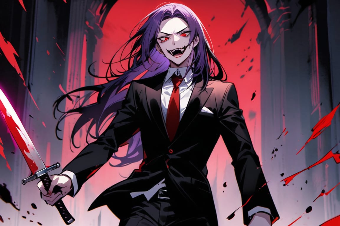 image of entire body of one evil boy, long and straight hair, the boy has a woman face, purple hair with black tips, wearing a black business suit with red tie, black pants, his hair covers his entire forehead up to his eyebrows, evil smile, red eyes, black lips, spikes teeth with open mouth, holding in the right hand a bloodstained kitchen knife, a luminous quartz devastated night city in the background, all her body are bloodstained,