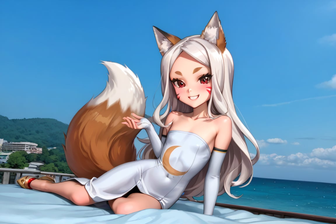 The girl is lying sexy on back in a pink bed, wearing a white tight long dress, red eyes, black eyeliner around the eyes, white long hair, perfect fingers, flat chested, flat stomach, skinny body, posing sexy, small stature, short stature, lewd face, white skin, fox ears, smile with slightly blushing, stormy sky in the background with thunders, High resolution, high quality, masterpiece, shiro, long hair, red eyes, animal ears, tail, animal ear fluff, fox ears, fox tail, facial mark, thick eyebrows, fox girl, entire body image, little body, big head, vnbg, classic_bg, modern_bg, photo_bg, anime_bg, 3d_bg, old_3d, sea, zero pictured, full body image, the girl is face up, nape up, heels down,