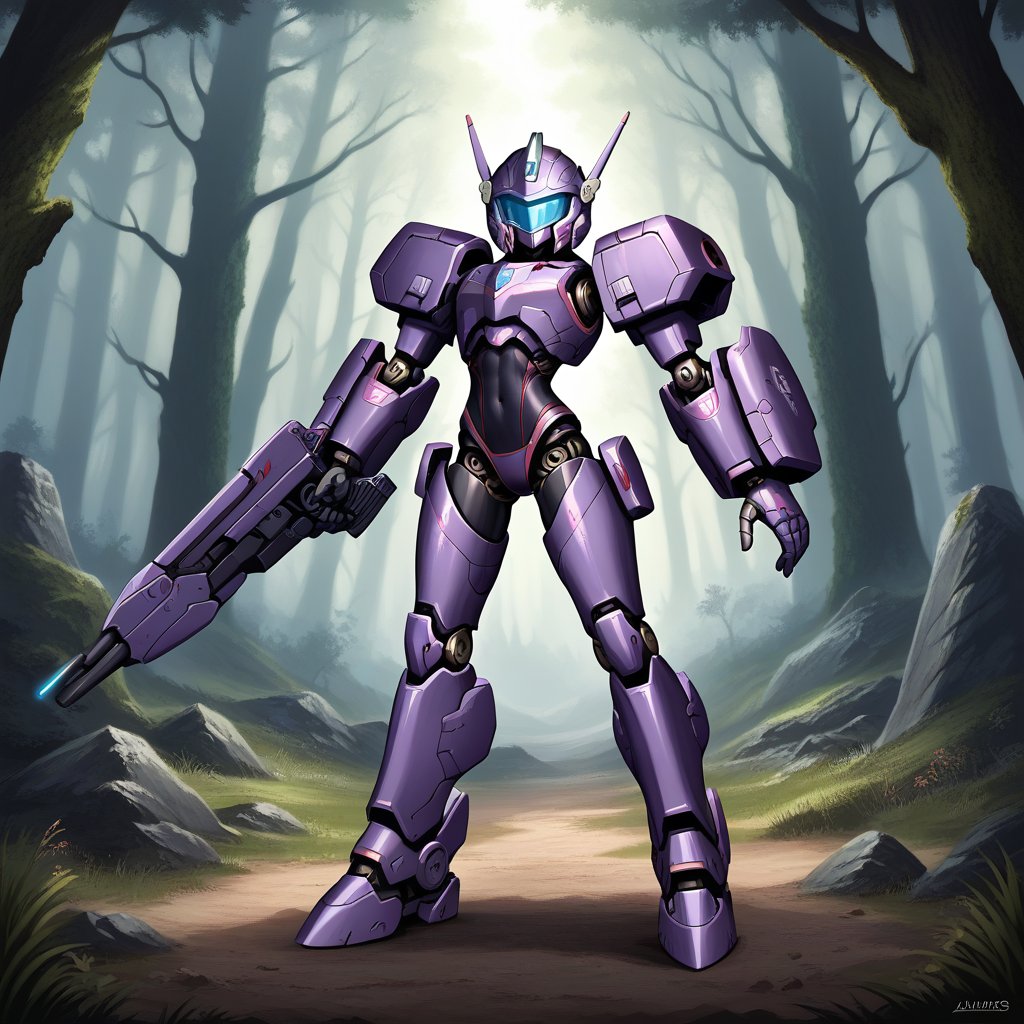 Realistic mecha girl, entire body, skinny with a flat stomach, small stature, posing sexily on her knees, one hand touching her head, pulling her ribs forward. Wearing a black leotard, underwear, full body bodysuit, purple and light blue armor with spikes, square helmet, light blue hair, robot joints and articulations visible. Holding chainsaws in both hands, leather armor, chainmail, metal skin. Background: sakura forest. Science fiction, TR mecha style, mechanical, metal, Gothic. High-quality image, detailed composition, dynamic lighting.