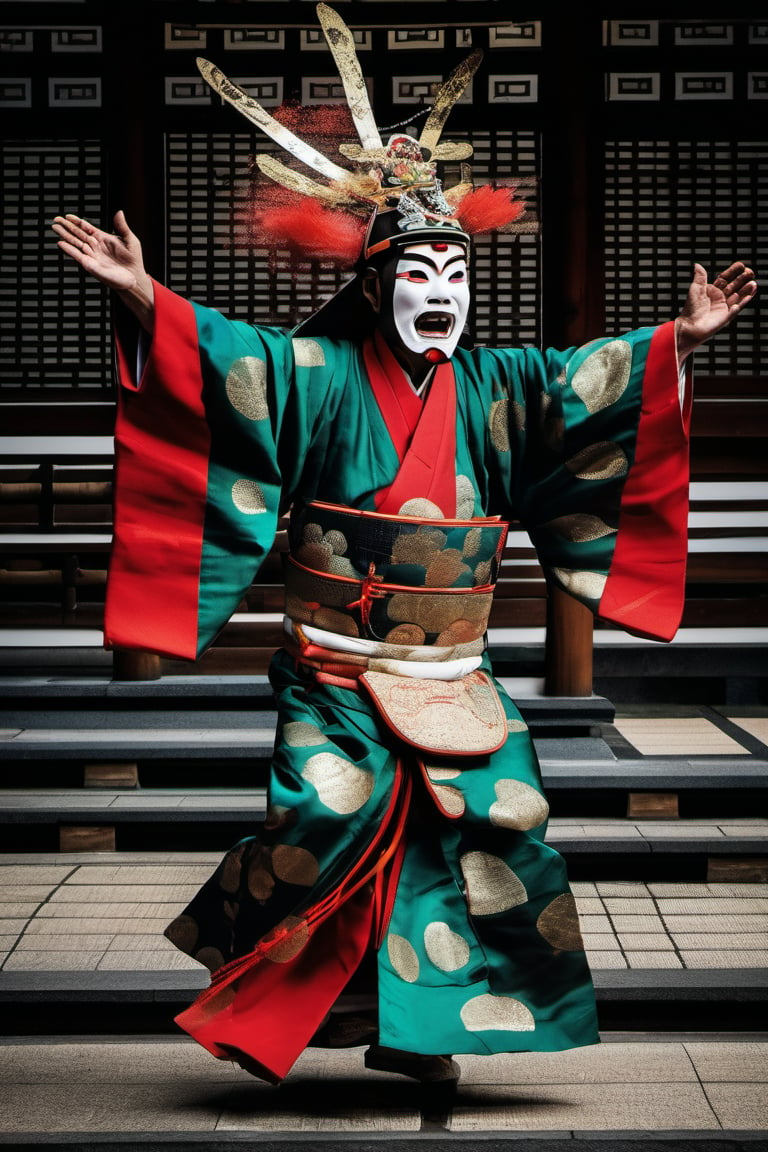 shinto priest, wearing a hyottoko mask, traditional blue priest costume, throwing luminous ghosts into the air, His clothes are decorated with lines of three colors 1 red 2 black 3 green, he carries gold jewelry, black and bloodstained background,