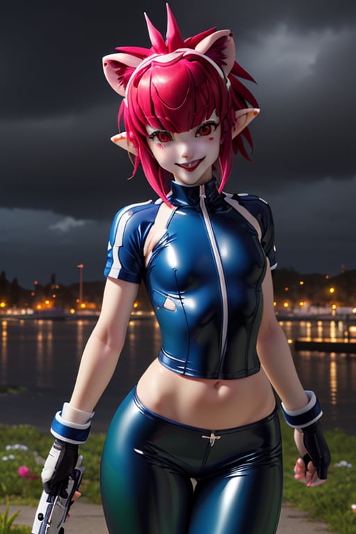 1girl, The girl is posing sexy in a sakura night park, wearing a violet sequin latex tight swimsuit with red marks, red eyes, black eyeliner around the eyes, black lips,heavy brown messy short hair covering her left eye, flat chested, flat stomach, skinny body, small stature, short stature, lewd smile face with slightly blushing, open mouth, blue & green skin, stormy sky in the background with thunders, multicolored flowers flying for all places, blunt bangs in her forehead, Blue denim pants with red details, holding a TMP giant gun in her left hand, lion foots, wearing blue latex gloves in her hands, pointy ears, loli, high quality, HD,