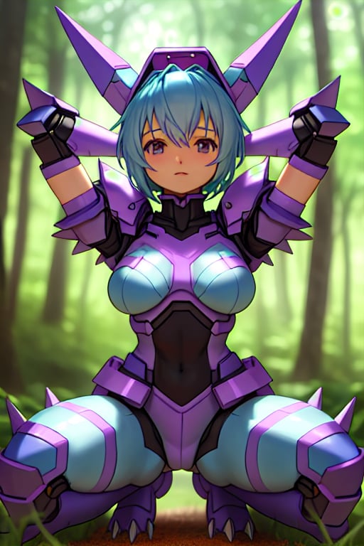 A small, short mecha girl with light blue hair, purple & light blue armor, and a square helmet on her head, posing sexily on her knees in a sakura forest. She holds a chainsaw in both hands, one hand touching her head, with visible robot joints and mechanical articulations. Her flat stomach and skinny body are accentuated, and she wears a black leotard covering her entire body. The armor includes spikes and metal skin, with a mecha style. The scene is set in a science fiction atmosphere with realistic details.