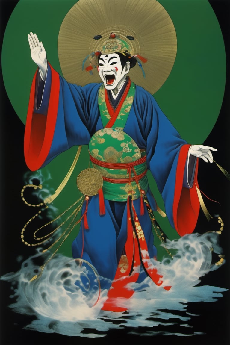 shinto priest, wearing a hyottoko mask, traditional blue priest costume, throwing luminous ghosts into the air, His clothes are decorated with lines of three colors 1 red 2 black 3 green, he carries gold jewelry, black and bloodstained background,