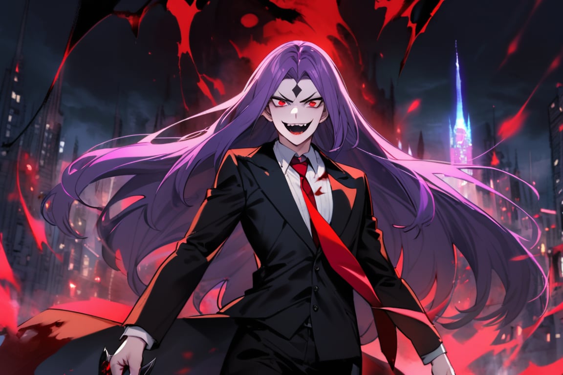 image of entire body of one evil boy, long and straight hair, the boy has a woman face, purple hair with black tips, wearing a black business suit with red tie, black pants, straight bangs in all his entire forehead, his hair covers all his eyebrows, evil smile, red eyes, black lips, spikes teeth with open mouth, holding in the right hand a bloodstained kitchen knife, a luminous quartz devastated night city in the background, all her body are bloodstained,