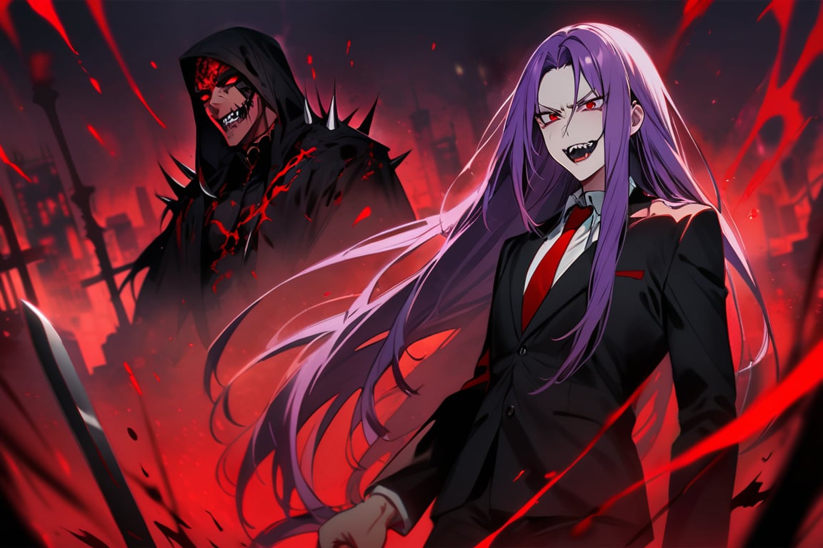 image of entire body of one evil boy, long and straight hair, the boy has a woman face, purple hair with black tips, wearing a black business suit with red tie, black pants, his hair covers his entire forehead, evil smile, red eyes, black lips, spikes teeth with open mouth, holding in the right hand a bloodstained kitchen knife, a luminous quartz devastated night city in the background, all her body are bloodstained,