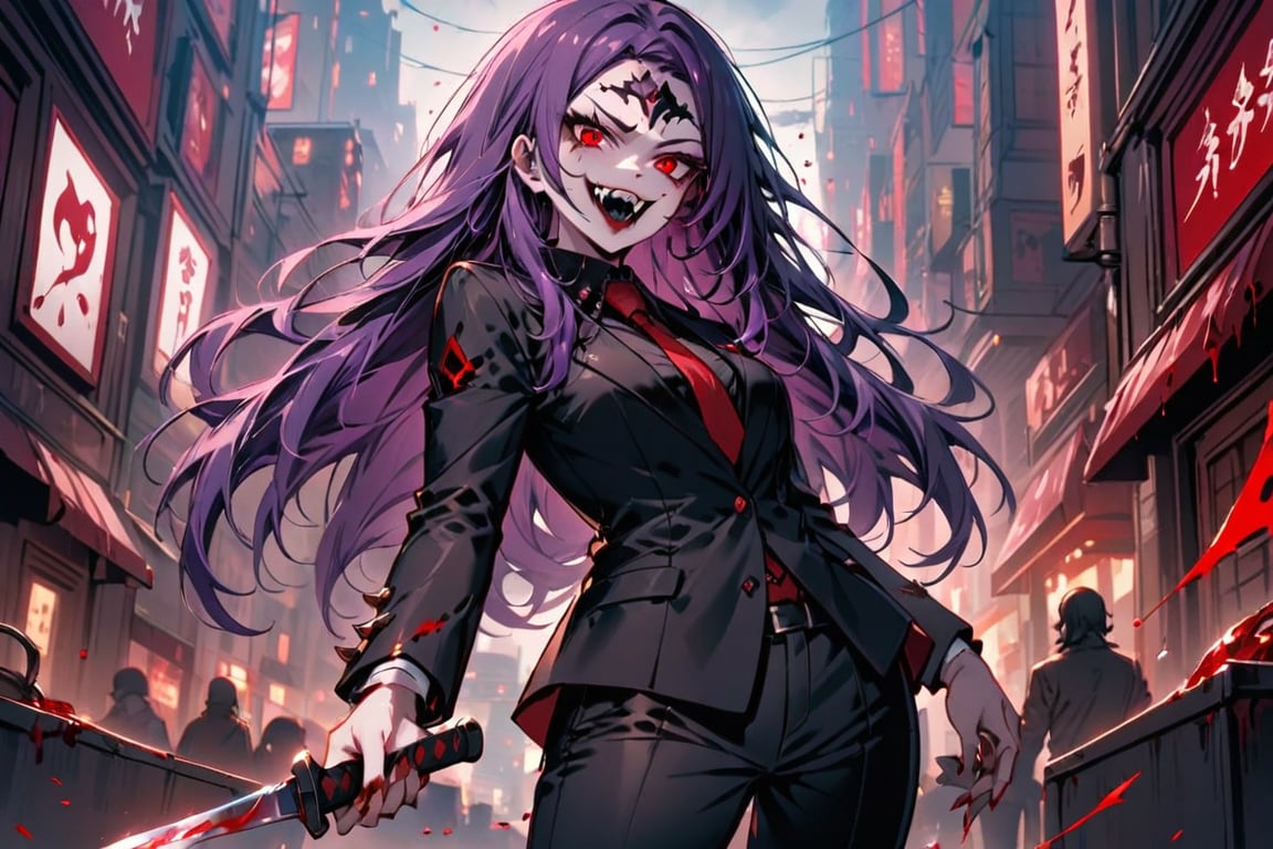 image of entire body of one evil girl, long and straight hair, purple hair with black tips, thin and beautitful face, wearing a black business suit with red tie, black pants, fringe on the forehead that covers all her eyebrows, evil smile, red eyes, black lips, spikes teeth with open mouth, holding in the right hand a bloodstained kitchen knife, a luminous quartz devastated night city in the background, all her body are bloodstained,