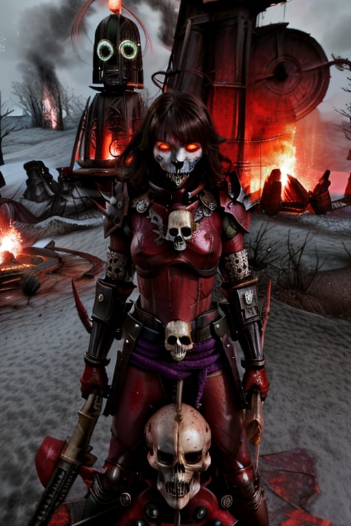 mecha girl, chainsaw hands,purple & light blue armor, square head, sakura forest in the background, HORROR, Khorne_World, (skulls), spikes, fantasy, fire, red glow, red theme,