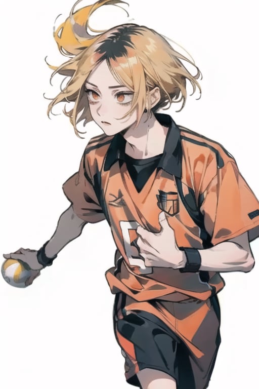 Masterpiece, good quality, no deformities, Kenma, haikyuu kenma, running, with a small ball in the right hand, white background, anime style, kozume kenma, male focus, blonde hair with black roots