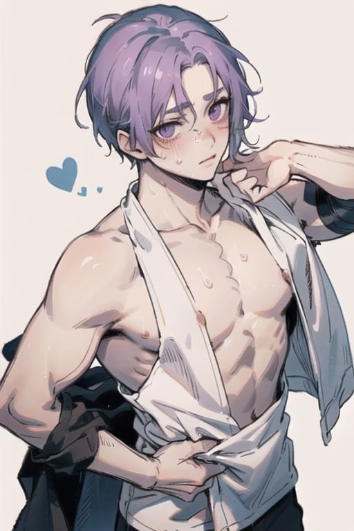 A captivating masterpiece, a boy, Reo from Blue Lock, blushing, half muscled, big breasts, excellent quality, background of any pastel color. Medium cute style, he is excited, sweating, naked, with towels from the white waist, on his back, looking at the viewer, mikage reo, sex, 1guy, loose hair, medium long