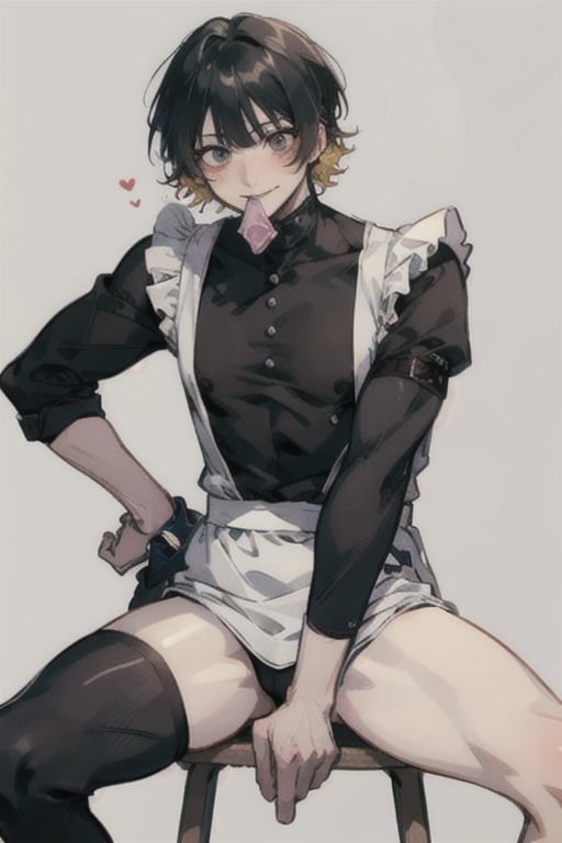 a boy, Bachira from Blue Lock, in maid/servant clothes, spreading his legs, looking at the viewer in front, smiling while biting a condom, blushing, muscular, big breasts, masterpiece, excellent quality, background of any pastel color, medium cute style