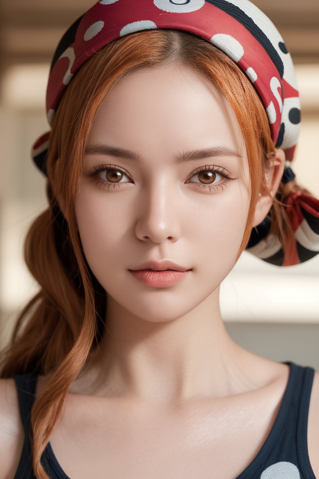 Ultra-realistic, highly detailed portrait of Nami from One Piece with curly bright orange hair tied with a headband, expressive large brown eyes with long lashes, small slightly upturned nose, full and slightly curved lips, smooth skin, confident expression, wearing a stylish top with signature patterns."


looking_at_viewer:1.4, portrait:,NamiPirate, nami (one piece);,