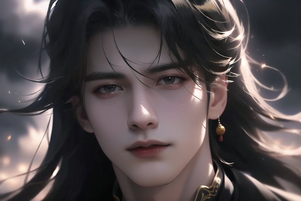 (cowboy shot), dynamic action style, (1man), (male:1.2), mature face, (mature boy:1.2), sinister smirk, (Chinese hanfu with black and gold accents), finely detailed eyes and face, (long black straight hair:1.2), (purple eyes:1.1), (focus on character:1.1), ((solo)), detailed face, detailed eyes, Chinese epic style, clear subject, ultra realistic, ultra detailed, OC rendering, blender, high detail, ultra high quality, dark and ominous atmosphere, dark clouds swirling, subtle mist