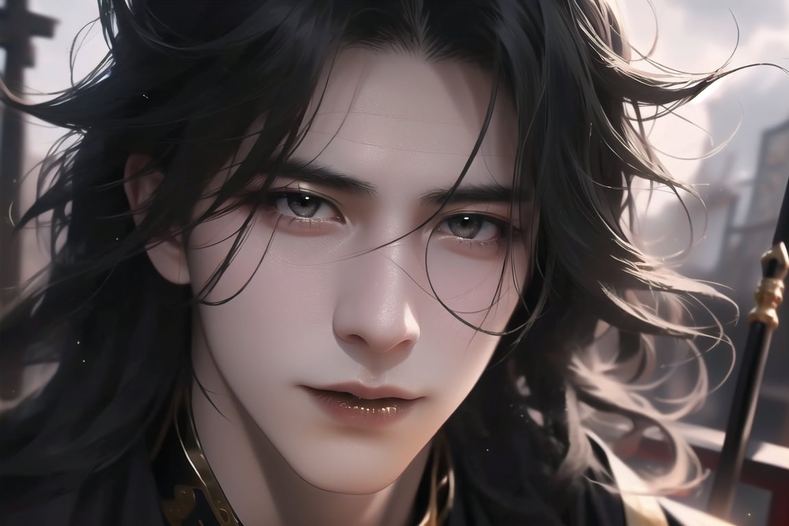 (cowboy shot), dynamic action style, (1man), (male:1.2), mature face, (mature boy:1.2), sinister smirk, (Chinese hanfu with black and gold accents), finely detailed eyes and face, (long black straight hair:1.2), (purple eyes:1.1), (focus on character:1.1), ((solo)), detailed face, detailed eyes, Chinese epic style, clear subject, ultra realistic, ultra detailed, OC rendering, blender, high detail, ultra high quality, dark and ominous atmosphere, dark clouds swirling, subtle mist