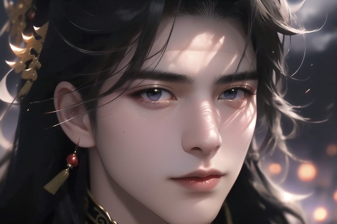 (cowboy shot), dynamic action style, (1man), (male:1.2), mature face, (mature boy:1.2), sinister smirk, (Chinese hanfu with black and gold accents), finely detailed eyes and face, (long black straight hair:1.2), (purple eyes:1.1), (focus on character:1.1), ((solo)), detailed face, detailed eyes, Chinese epic style, clear subject, ultra realistic, ultra detailed, OC rendering, blender, high detail, ultra high quality, dark and ominous atmosphere, dark clouds swirling, subtle mist