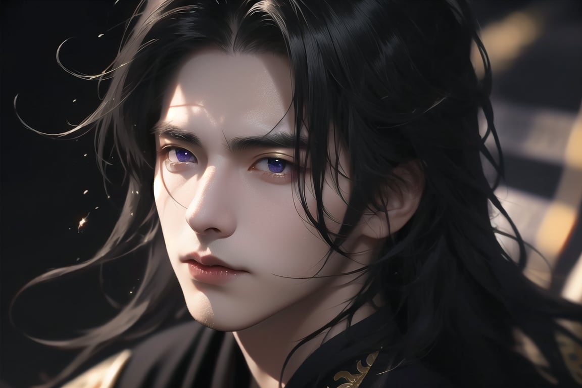 (cowboy shot), dynamic action style, (1man), (male:1.2), mature face, (mature boy:1.2), sinister smirk, (Chinese hanfu with black and gold accents), finely detailed eyes and face, (long black straight hair:1.2), (purple eyes:1.1), (focus on character:1.1), ((solo)), detailed face, detailed eyes, Chinese epic style, clear subject, ultra realistic, ultra detailed, OC rendering, blender, high detail, ultra high quality, dark and ominous atmosphere, dark clouds swirling, subtle mist