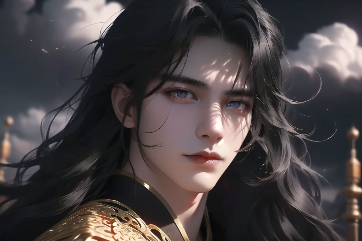 (cowboy shot), dynamic action style, (1man), (male:1.2), mature face, (mature boy:1.2), sinister smirk, (Chinese hanfu with black and gold accents), finely detailed eyes and face, (long black straight hair:1.2), (purple eyes:1.1), (focus on character:1.1), ((solo)), detailed face, detailed eyes, Chinese epic style, clear subject, ultra realistic, ultra detailed, OC rendering, blender, high detail, ultra high quality, dark and ominous atmosphere, dark clouds swirling, subtle mist