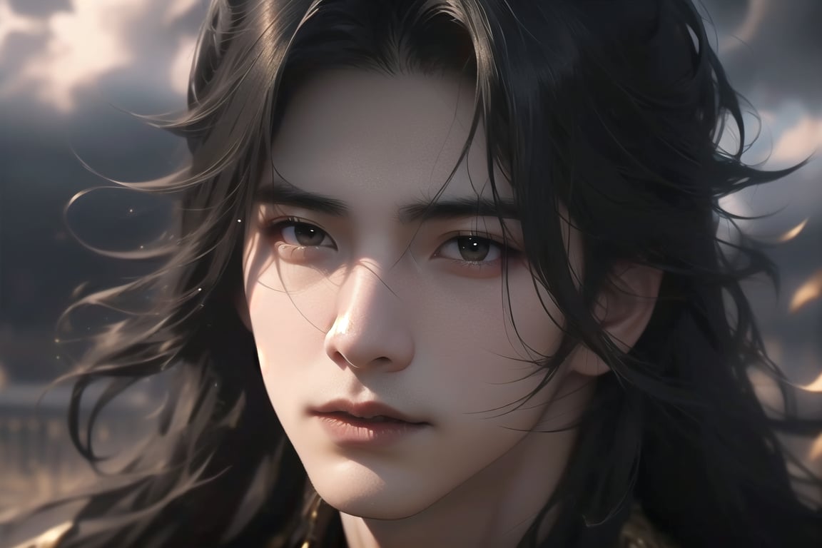 (cowboy shot), dynamic action style, (1man), (male:1.2), mature face, (mature boy:1.2), sinister smirk, (Chinese hanfu with black and gold accents), finely detailed eyes and face, (long black straight hair:1.2), (purple eyes:1.1), (focus on character:1.1), ((solo)), detailed face, detailed eyes, Chinese epic style, clear subject, ultra realistic, ultra detailed, OC rendering, blender, high detail, ultra high quality, dark and ominous atmosphere, dark clouds swirling, subtle mist