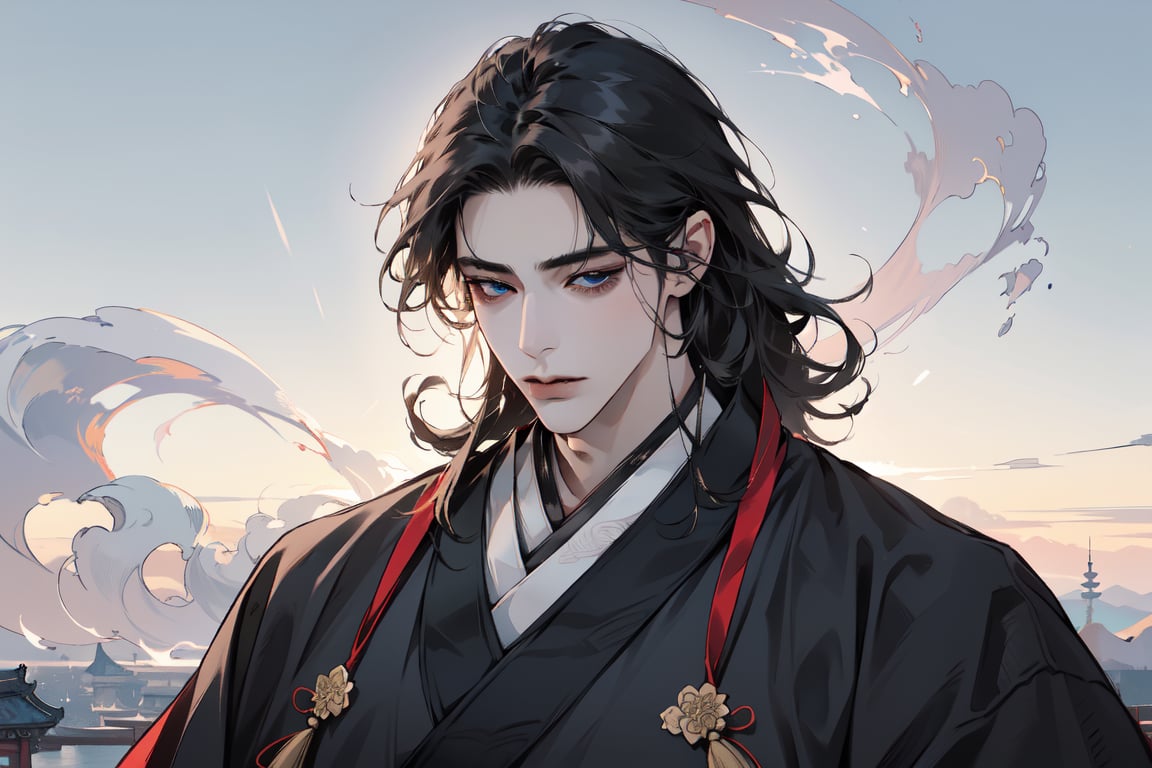 1 man,((black curly hair)), blue eyes, handsome, angular jaw, thick neck, male focus, (((hanfu:1.3))), long sleeve, masterpiece, upper body shot, mist and fog, smokey swirls,Chinese style