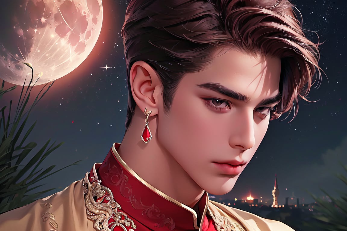 RWA photo, best quality, masterpiece, 8K resolution, ((solo:1.3)), ((1boy)), serious, Europe handsome teen boy, exquisite facial features, wearing luxurious (red Kurta), adorned with ruby earrings, ((brown hair)), ((dark skin)), ((long bangs)), (French Crop), black eyes, (thick eyebrows), close up portrait, perfect figure, cinematic lighting, in starlit night with (big moon)