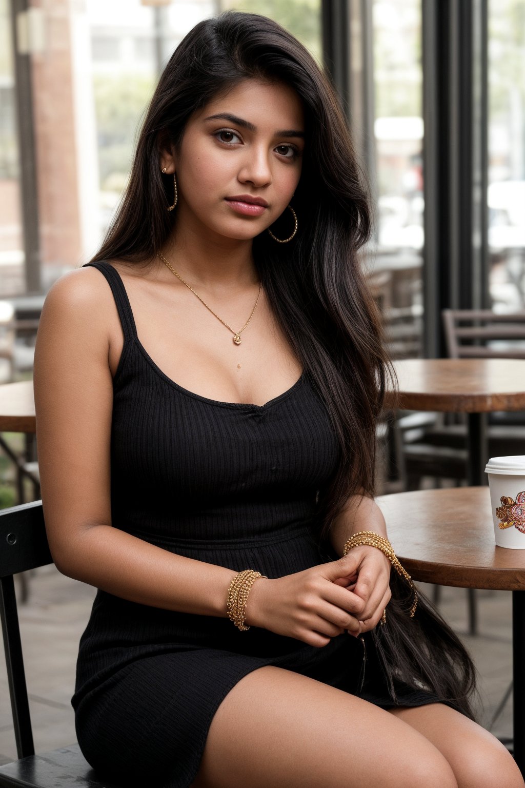 Indian 21 year-old-girl, solo, long hair, looking at viewer, black hair, dress, brown eyes, jewelry, earrings, Sitting in a coffee shop, enjoying coffee, parted lips, day, necklace, bag, realistic, photo background,photorealistic,SD 1.5,female,A perfect closeup photo