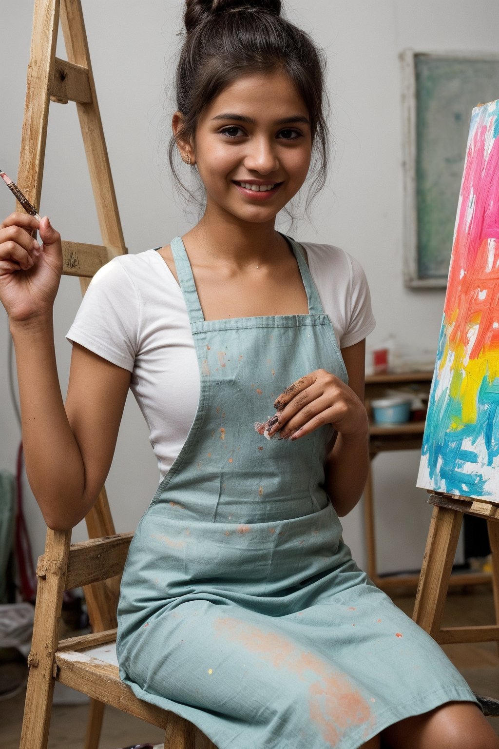 A cute, slim body 21-year-old Indian girl wearing a paint-splattered apron over her kurti, sitting at an easel in an art class. Her hair is in a messy bun, and she has a focused yet cheerful expression as she paints.
