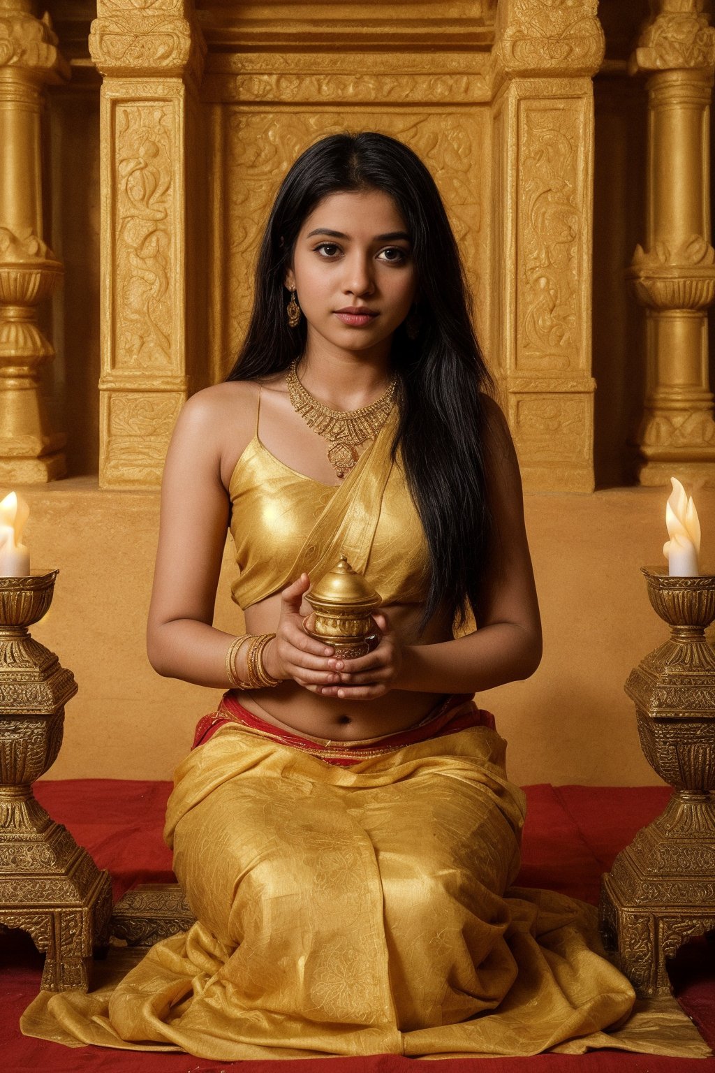 Create images of a slim 21-Year-Old Indian Girl with long, flowing black hair, dressed in a vibrant yellow saree embellished with delicate patterns and adorned with light jewelry. The jewelry includes subtle earrings, a necklace, and bangles that complement her attire. She is performing aarti in a serene temple setting, with soft light illuminating the sacred space. Capture different angles and expressions that convey her reverence and devotion. The background should feature traditional temple architecture, with elements like diyas (oil lamps), flower decorations, and intricate carvings enhancing the spiritual ambiance.