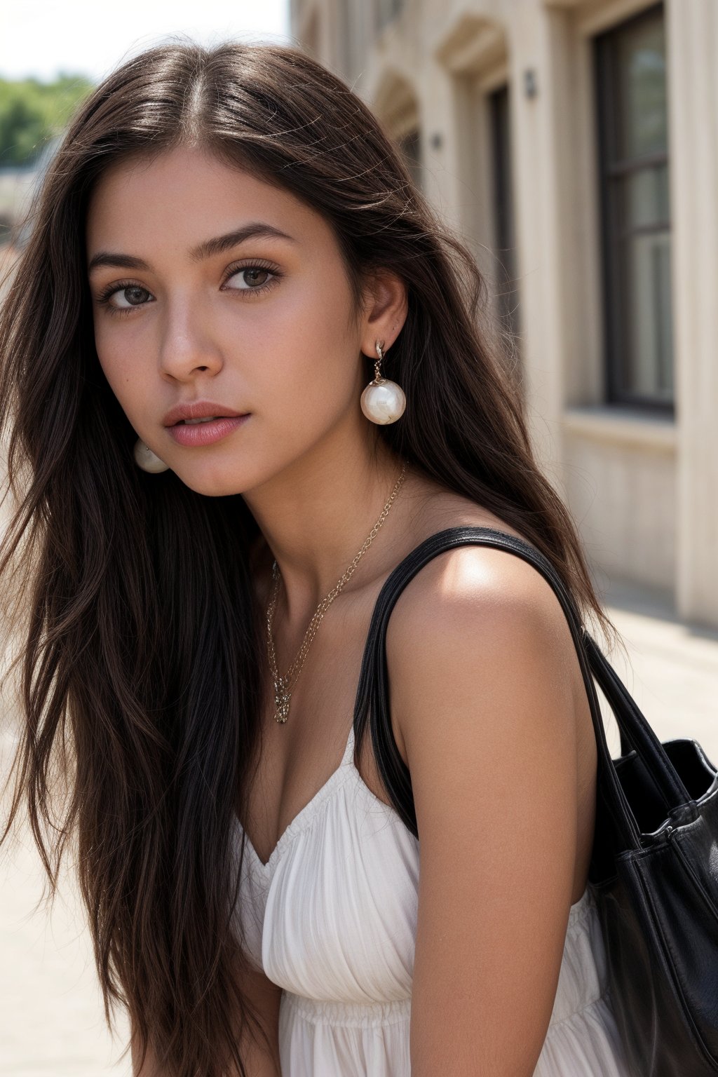 1girl, solo, long hair, looking at viewer, black hair, dress, brown eyes, jewelry, earrings, outdoors, parted lips, day, necklace, bag, realistic, photo background,photorealistic,SD 1.5,female,A perfect closeup photo