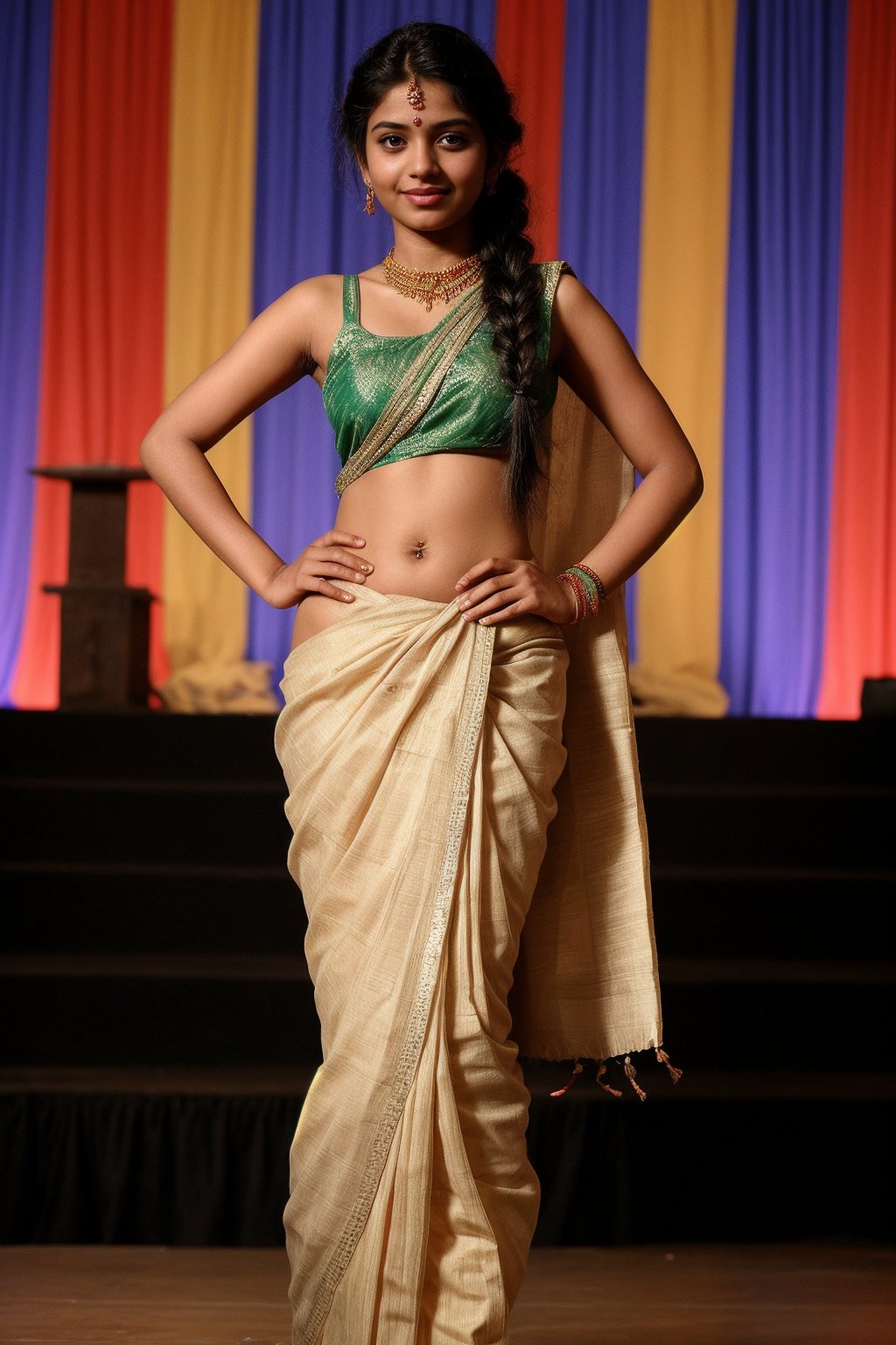 A slim body 21-year-old Indian girl dressed in a traditional saree for a college cultural event. She is standing on the stage, her hair styled in a braid, and adorned with traditional jewelry and a bindi.