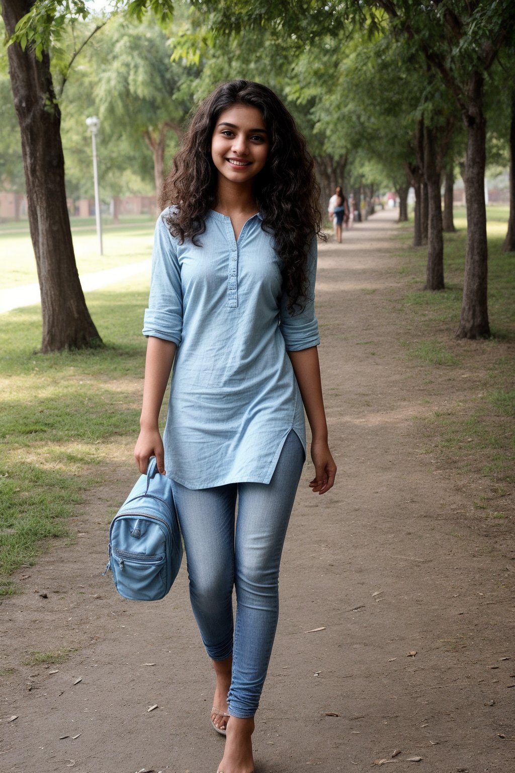 A cute, slim body 21-year-old Indian girl in a light blue kurti and jeans, walking along the college pathway with her backpack. Her hair is in loose curls, she has a bright smile, and she is looking over her shoulder in a playful manner.