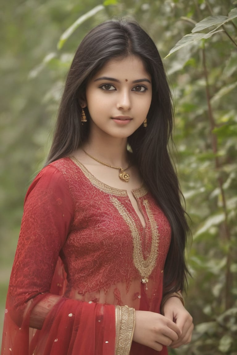 full body shot, mature girl, An ultra real full body photo of a young girl 21 yearr old, long dark hair. Wearing a beautiful red colour churidar , ultra close macro details, ultra contrast, ultra decoration. Intricate details of her beautiful eyes and her perfect face.