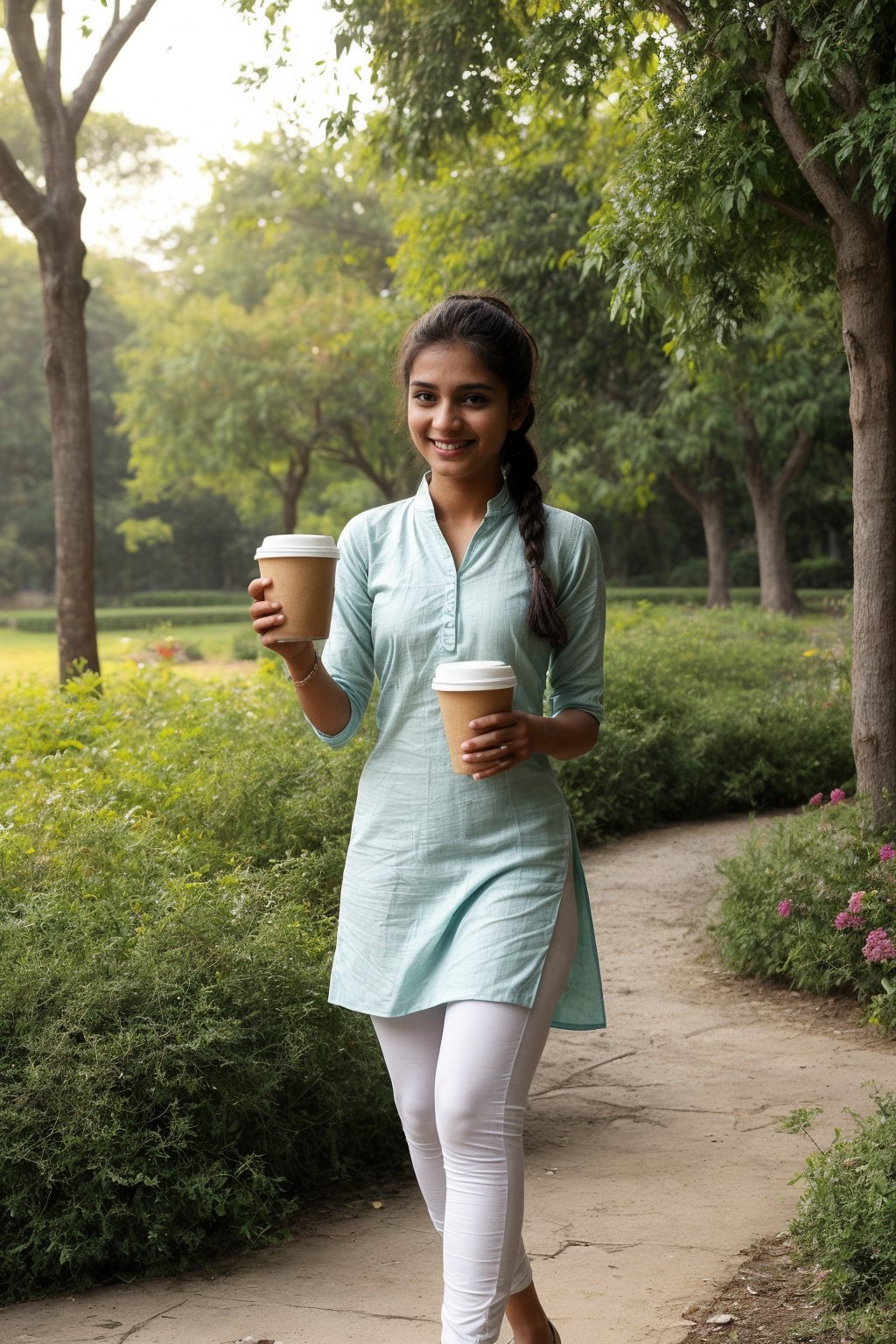 A cute, slim body 21-year-old Indian girl in a pastel-colored kurti with white leggings, walking through a garden on the college campus. Her hair is tied back in a ponytail, and she is holding a cup of coffee, smiling as the morning sun shines on her face.
