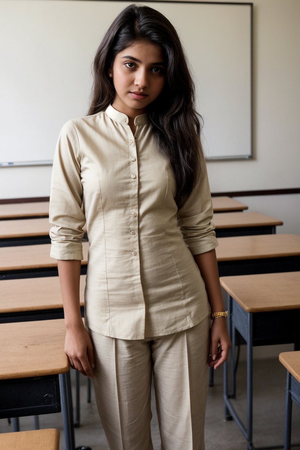 A slim body 21-year-old Indian girl in a formal kurti and trousers, standing in a classroom. She is giving a presentation, her hair neatly tied back, and wearing minimal jewelry.
