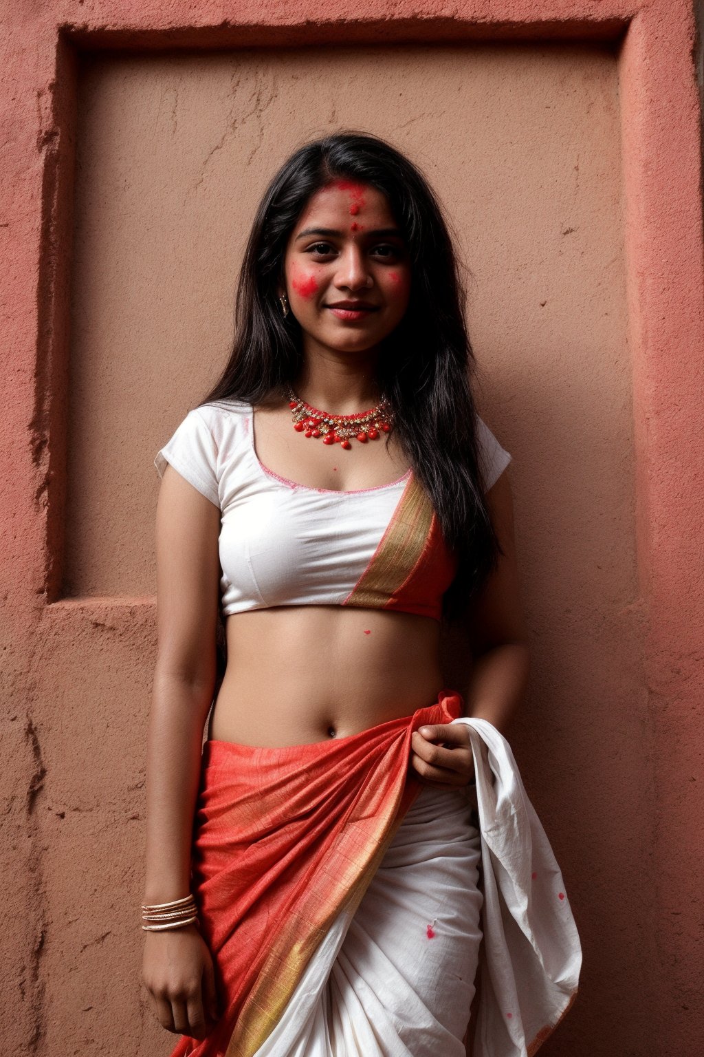 Generate images of a vibrant 21-Year-Old Indian Girl participating in a cultural festival like Holi or Durga Puja. She is dressed in a traditional attire relevant to the festival, such as a white saree with red borders for Durga Puja or colorful clothes splashed with Holi colors. The background features festive decorations and joyful celebrations