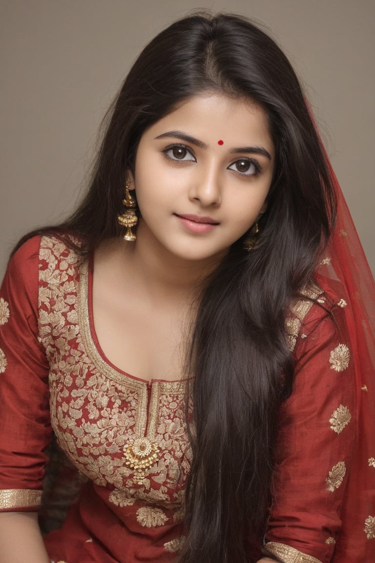 full body shot, mature girl, An ultra real full body photo of a young girl 21 yearr old, long dark hair. Wearing a beautiful red colour churidar , ultra close macro details, ultra contrast, ultra decoration. Intricate details of her beautiful eyes and her perfect face.