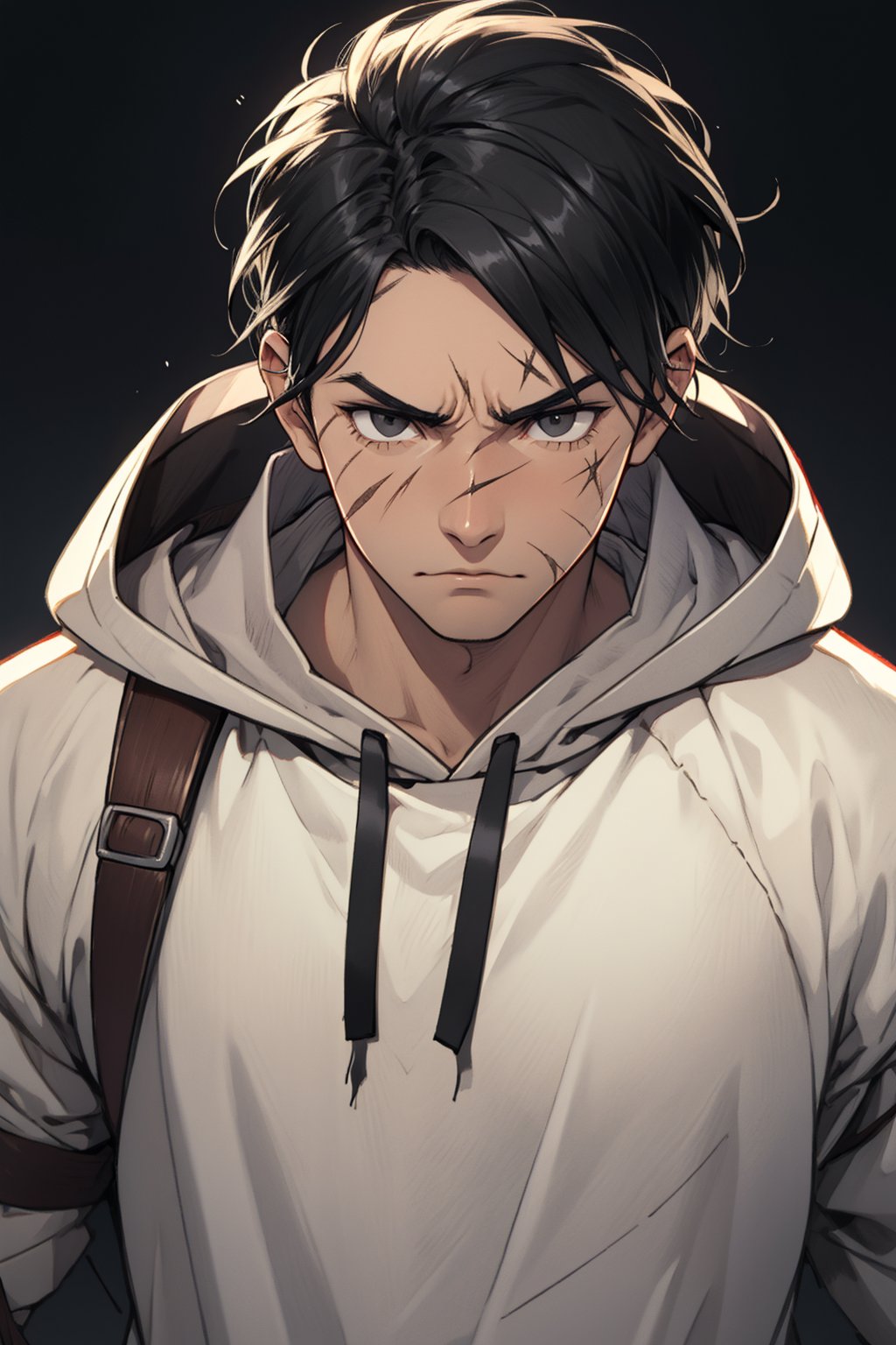 Eren Yeager,, short hair, black hair, dull black eyes,  intense gaze, Very Black Hoodie,(black eye bandage on righteye), (Demon Slayer samurai), fit body, 34 years old, charming, alluring, dejected, depressed, sad, calm eyes, (standing), (upper body in frame),  black background, only1 image, perfect anatomy, perfect proportions, perfect perspective, 8k, HQ,  look at viewer, scars on face