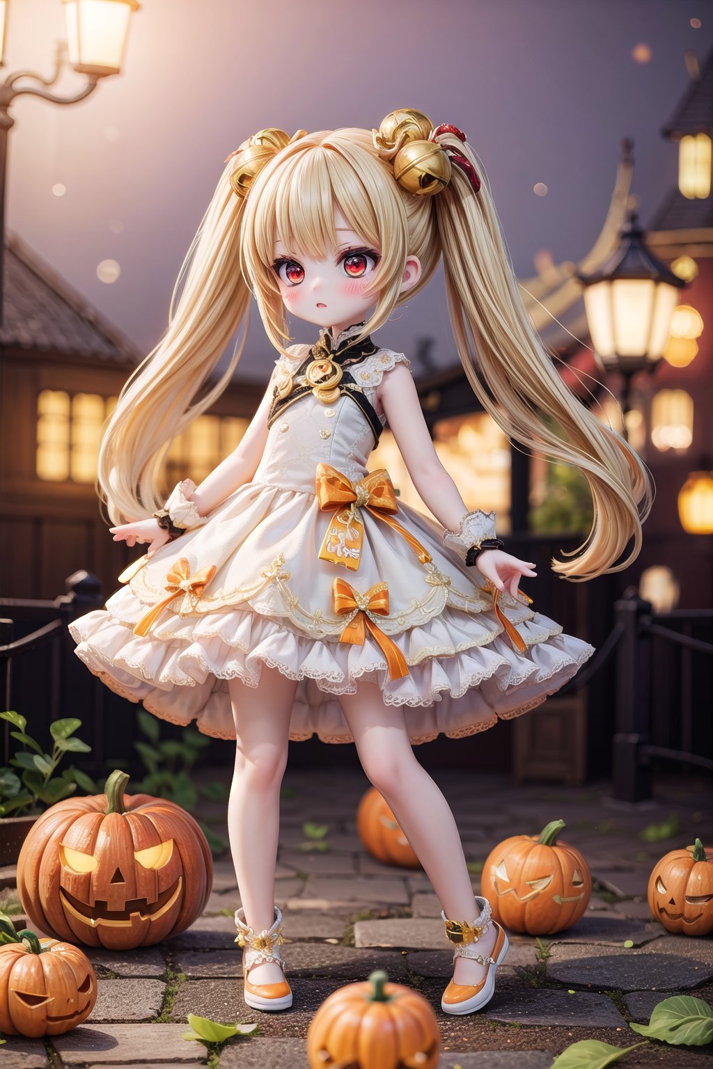 Yaoyao_Impact, red eyes, very long blonde hair, twintails, full_body, sleigh bell, blurry_background, loli, blush, halloween theme, (orange wedding_dress), orange shoes,