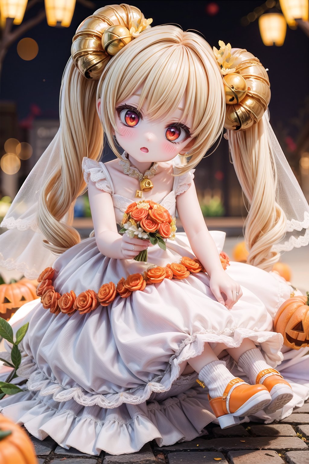 Yaoyao_Impact, red eyes, very long blonde hair, twintails, full_body, sleigh bell, blurry_background, loli, blush, halloween theme, (((orange wedding_dress))), orange shoes,