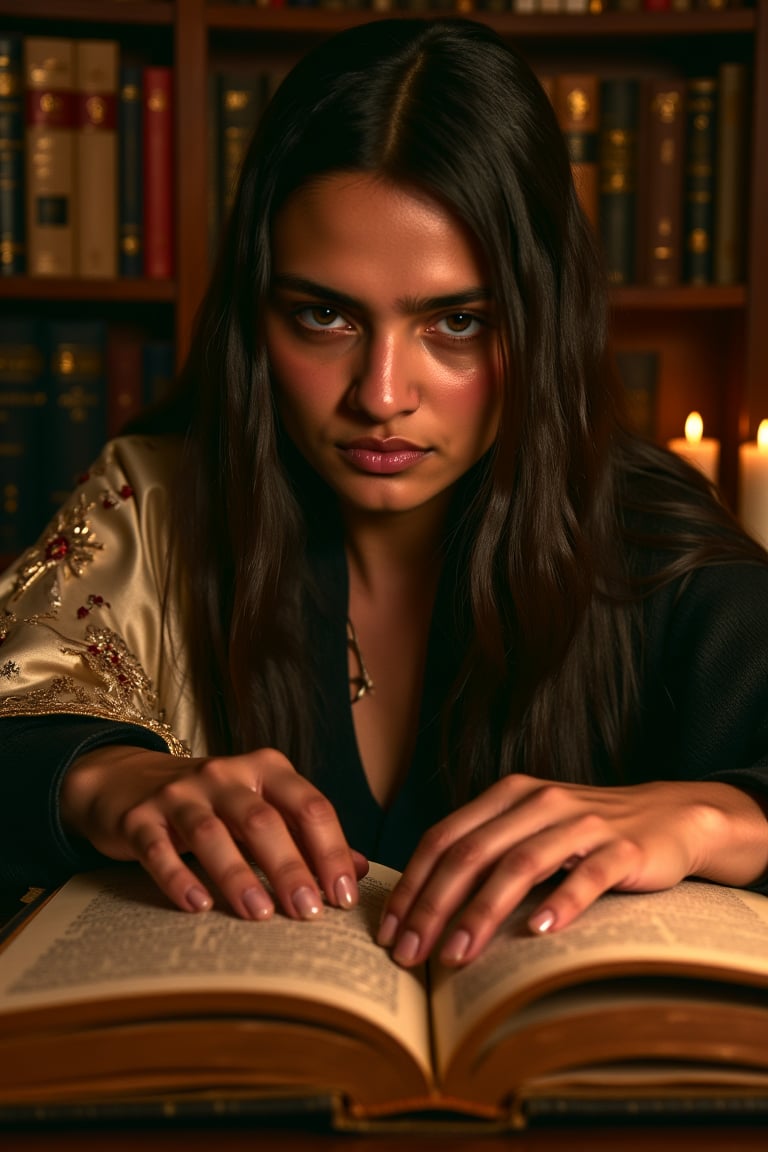 A close-up shot of Moiraine Damodred's hands, her fingers deftly turning the pages of an ancient tome as she sits in a dimly lit, ornate library. Soft candlelight casts a warm glow on her pale skin and highlights the intricate embroidery on her sleeves. Her piercing green eyes seem to bore into the reader, inviting them to uncover the secrets within.