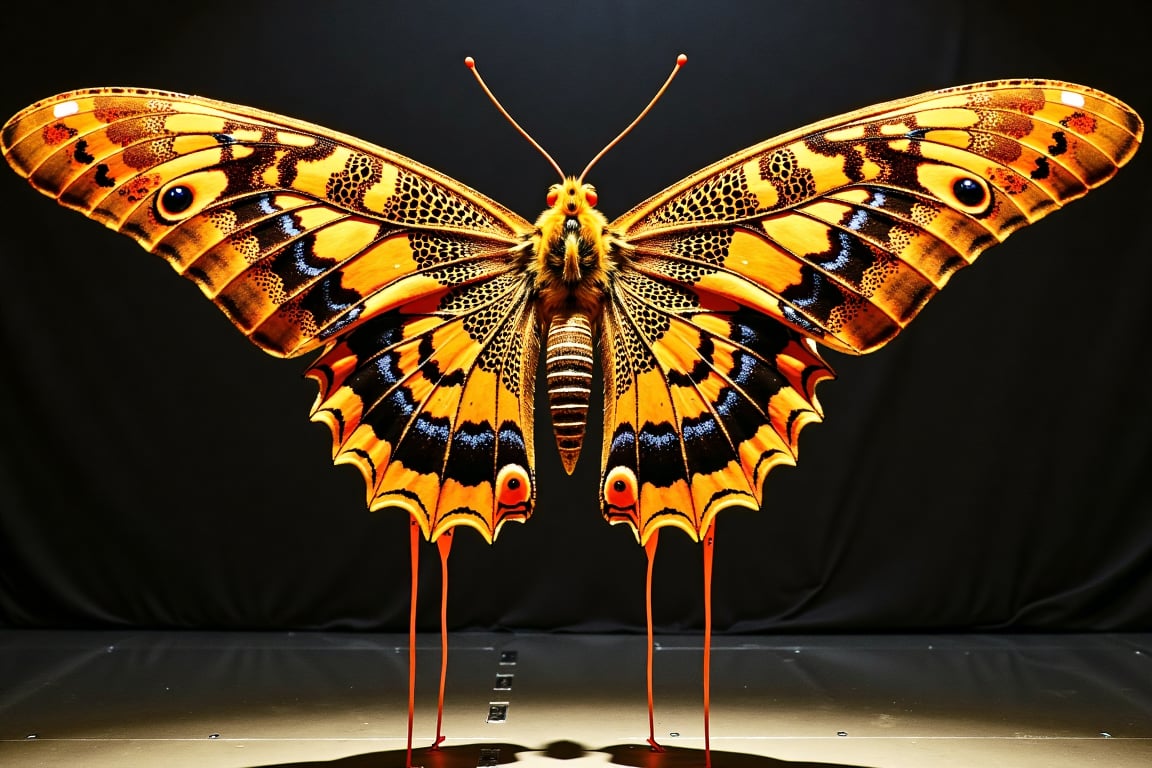 Vogue, Motion and Venom: A Cinematic Depiction of a Gigantic, Ornate Butterfly Transforming into a Menacing Venom-Dripping Creature, taking inspiration from Yayoi Kusama's Polka Dots and Elsa Schiaparelli's Surreal fashion elements.