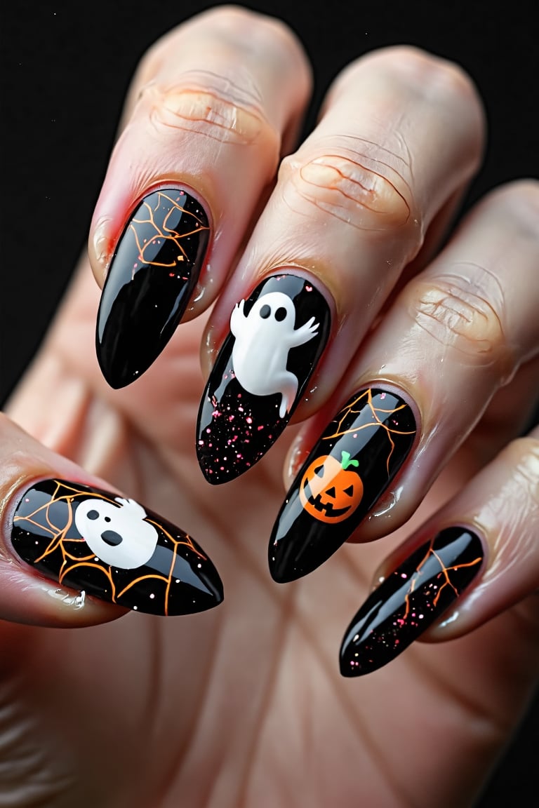 "Creative (nail art:1.2) design featuring (spooky motifs:1.3) like (ghosts:1.1), (pumpkins:1.2), and (cobwebs:1.2) on (long, glossy nails:1.1), vibrant colors, (glitter accents:1.3), (black and orange:1.2) color scheme, (intricate details:1.4), inspired by (fashion photography:1.3), high detail, festive atmosphere