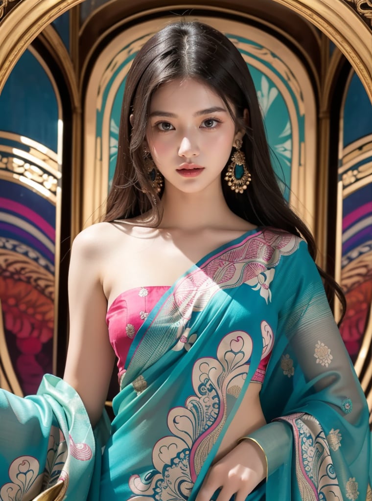 A young girls 24 years old, dressed in a vibrant, indian Saree with swirling patterns of pink,and teal. Her long, flowing hair cascades down her shoulders, complementing the intricate design of her outfit. The background mirrors the psychedelic patterns of her attire, creating a seamless, mesmerizing effect. The woman's expression is calm and confident, her gaze directed towards the viewer. The overall scene exudes a sense of bold, artistic flair and modern fashion.