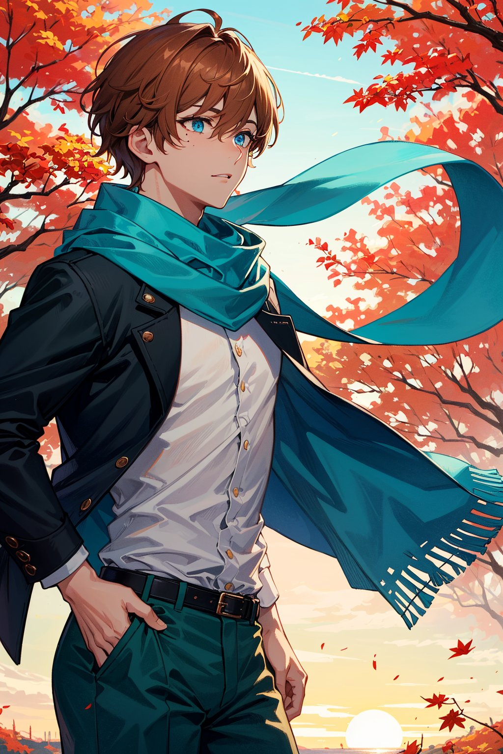 1 handsome boy. He has orange-brown bangs, turquoise-blue eyes, lower eyelashes, and moles under his eyes. He is slim. He stands sideways look to  the camera, with fallen maple leaves against the background of a dark blue sky and the orange of a setting sun. He wears a black wool scarf, and a white shirt covered with a thick blue jacket, and dark green pants. side profile